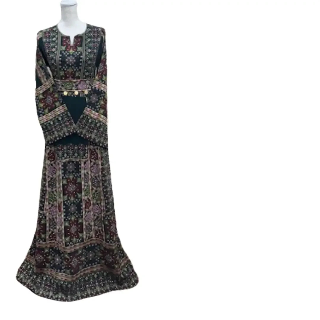 Palestinian embroidered dresses featuring intricate floral embroidery on a long black traditional dress