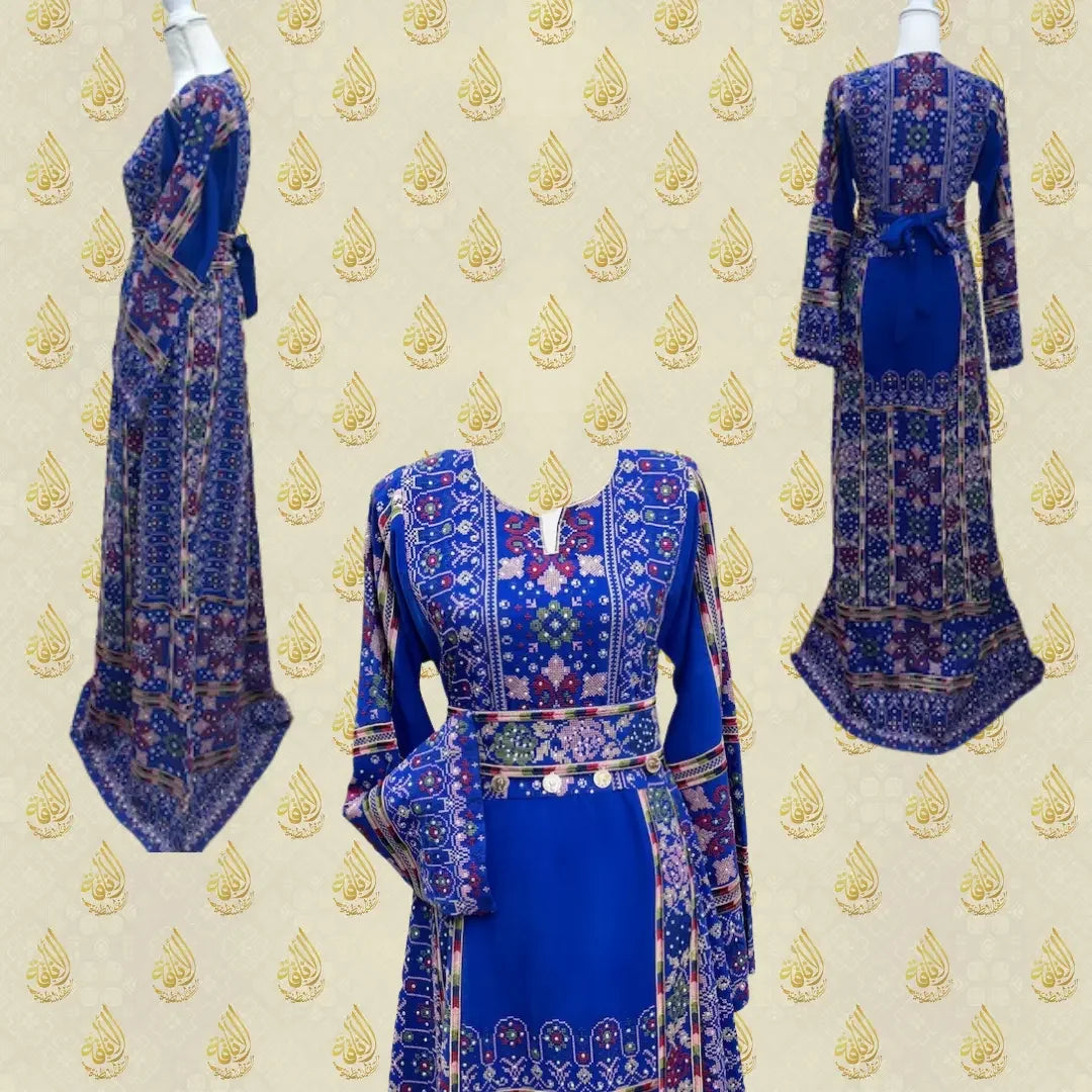Palestinian embroidered dresses in vibrant blue with intricate floral patterns and traditional embroidery details
