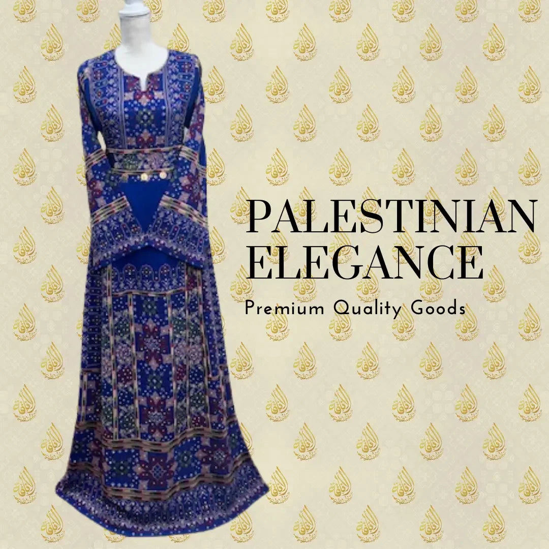 Blue Palestinian embroidered dresses with intricate traditional embroidery displayed on mannequin by Palestinian Elegance