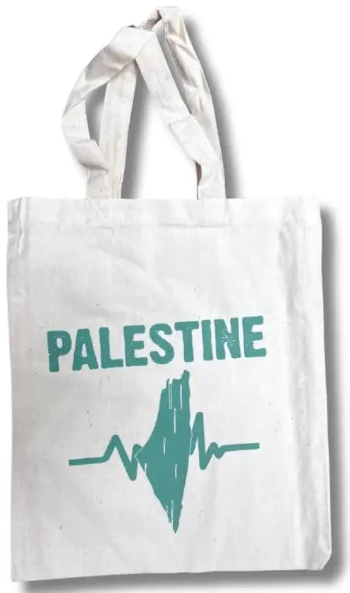 White tote bag with blue Palestine text and map design Palestinian embroidered handbag