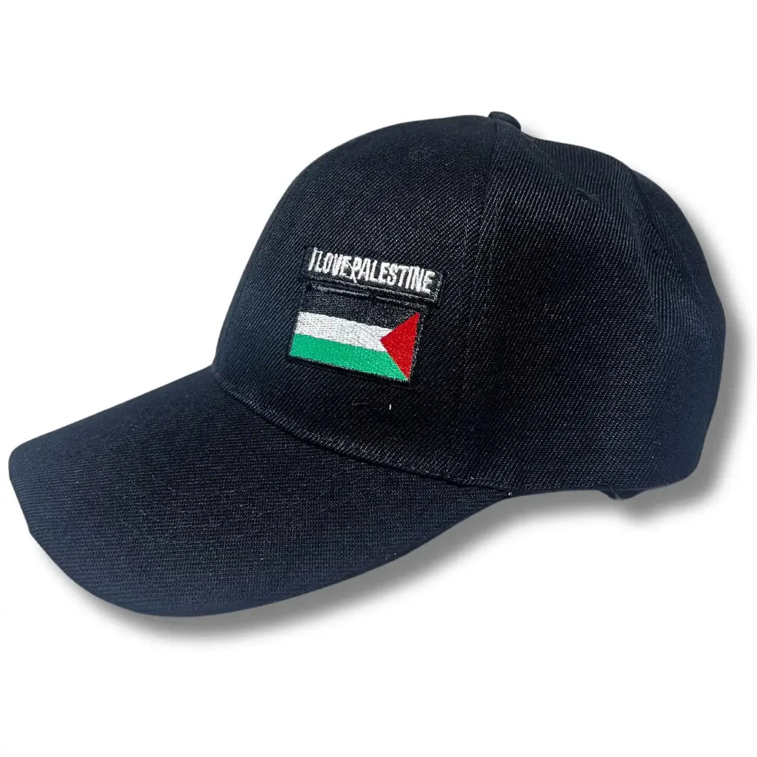 Black Palestinian embroidered hat with I Love Palestine text and flag design by Palestinian Elegance