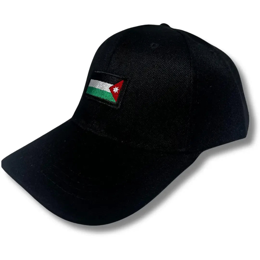 Black Palestinian embroidered hat with flag design from Palestinian Elegance accessories