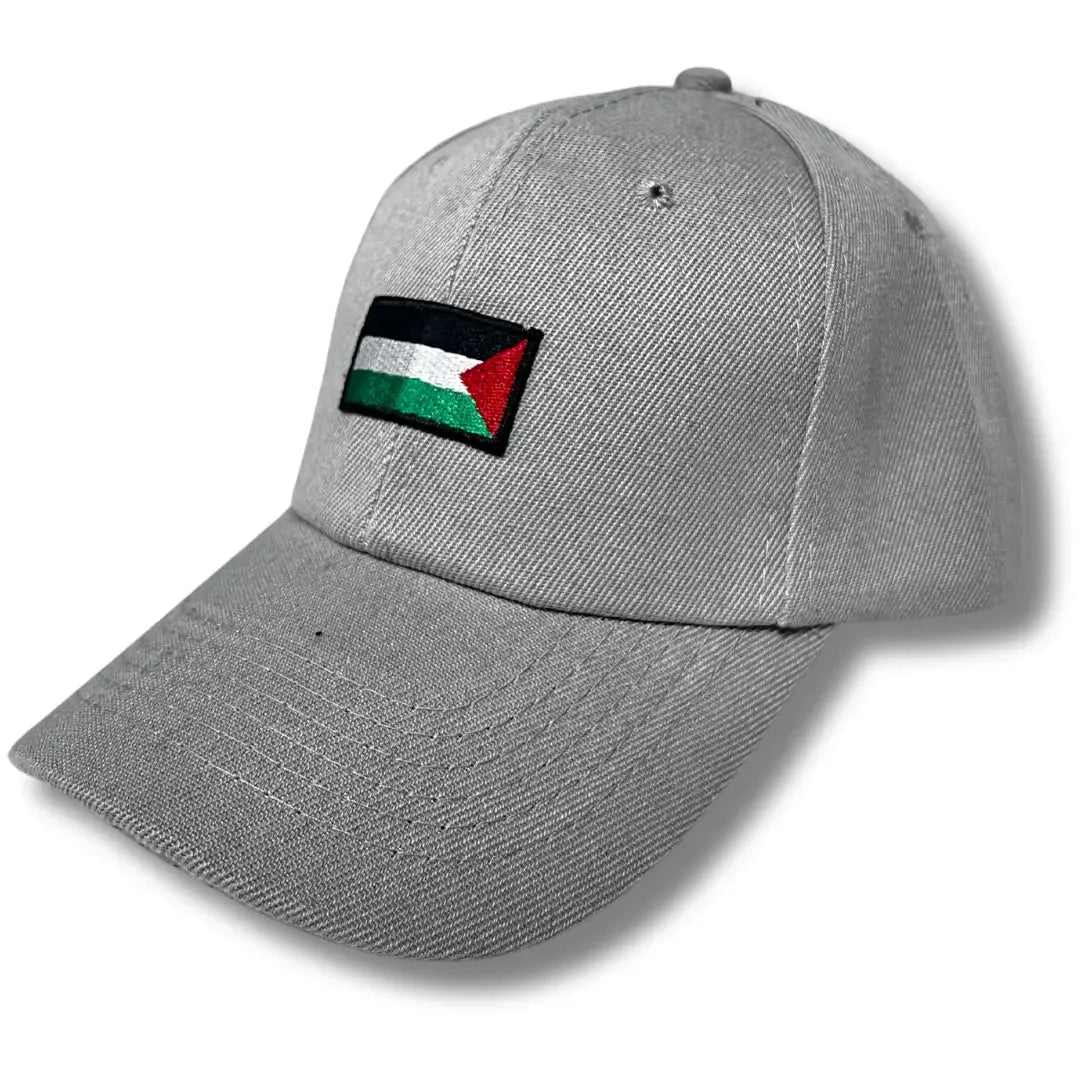 Gray Palestinian embroidered hat with a flag patch on the front panel from Palestinian Elegance accessories