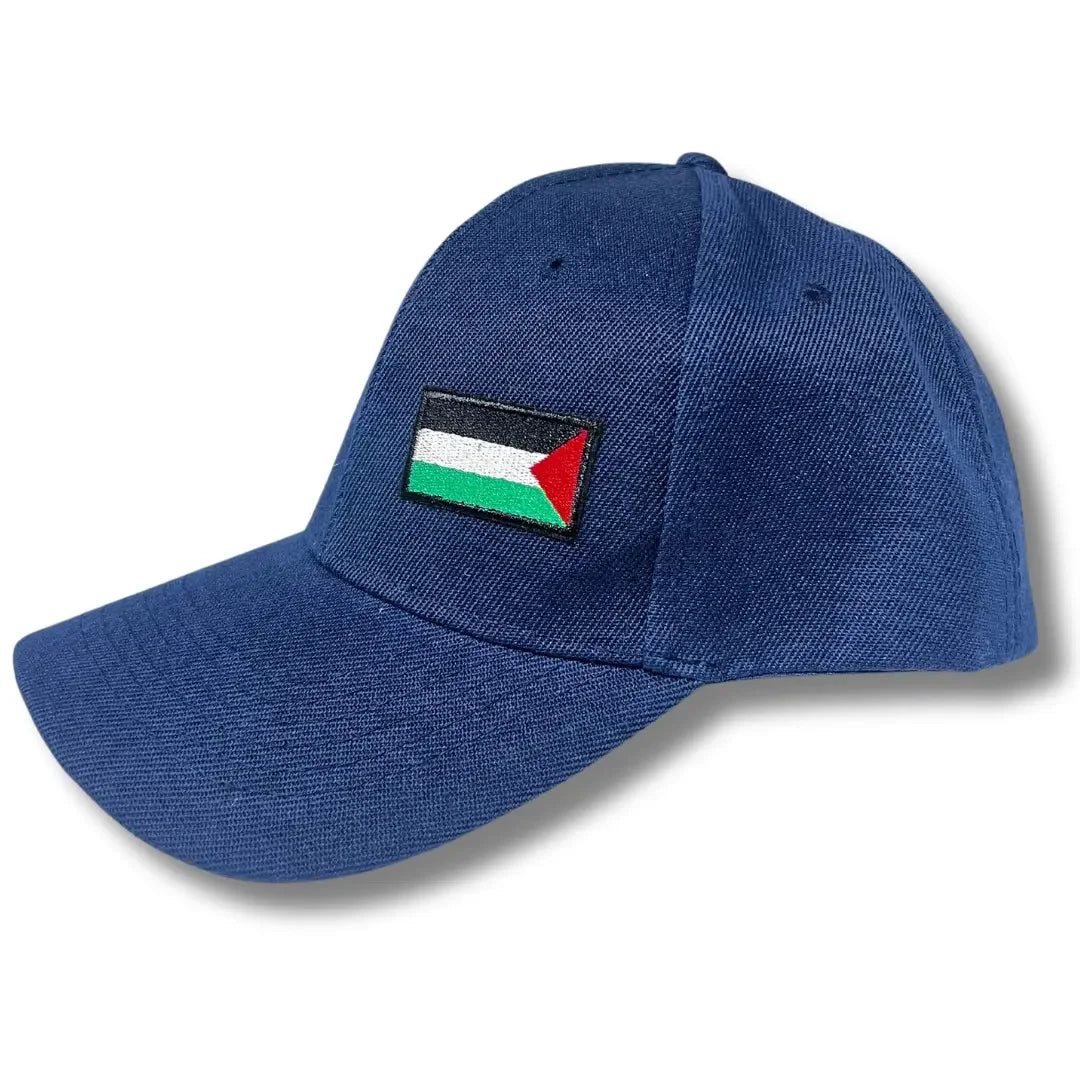 Blue cap featuring Palestinian embroidered hat with flag patch on front by Palestinian Elegance