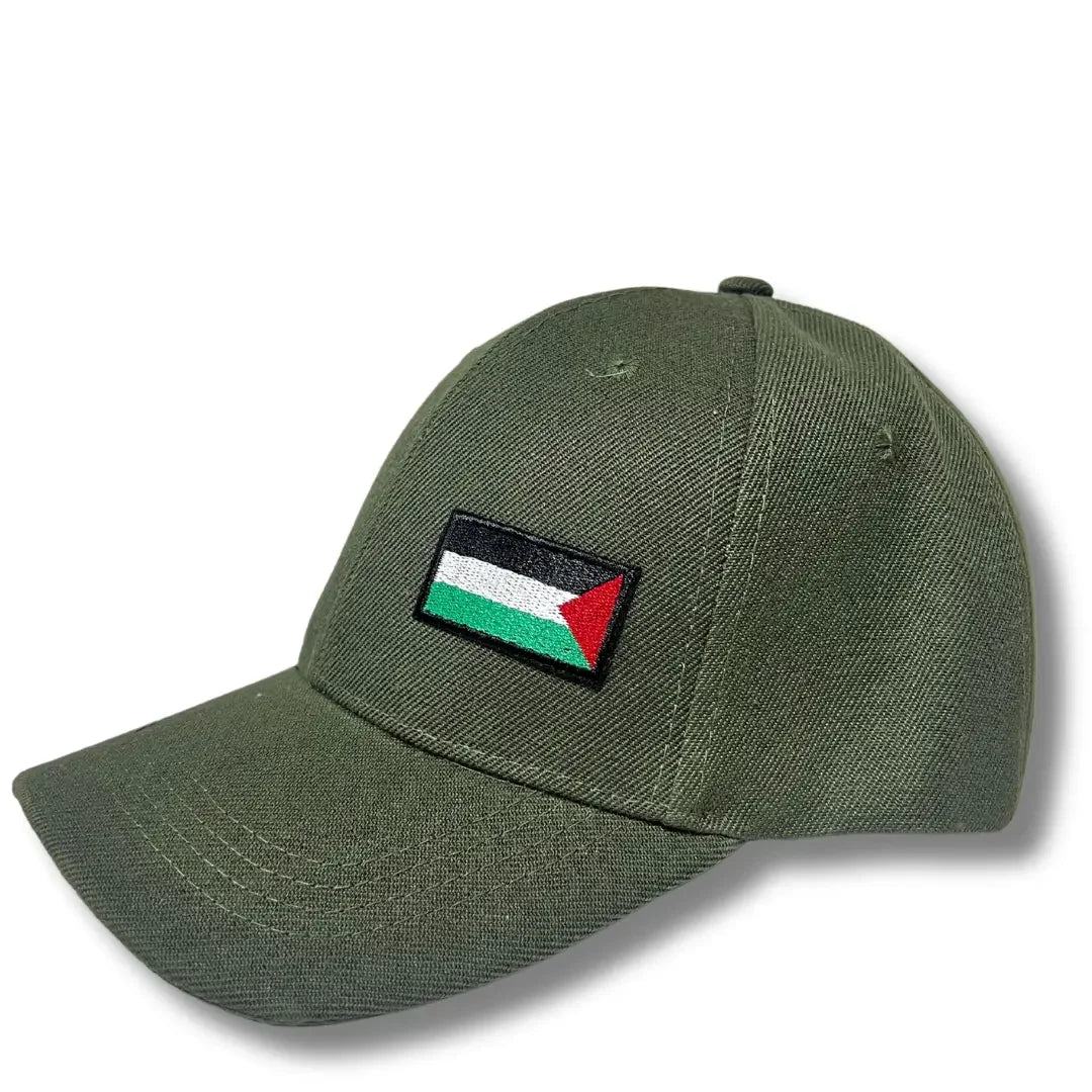 Olive green Palestinian embroidered hat with Palestinian flag patch by Palestinian Elegance