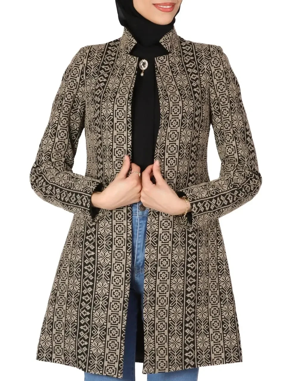 Palestinian embroidered jacket with intricate black and beige traditional patterns by Palestinian Elegance