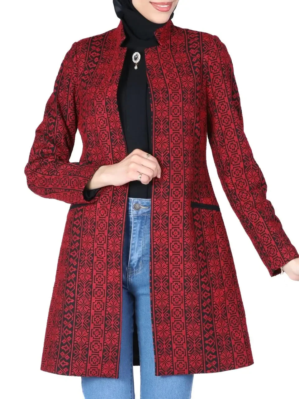 Palestinian embroidered jacket in red and black with detailed traditional embroidery by Palestinian Elegance