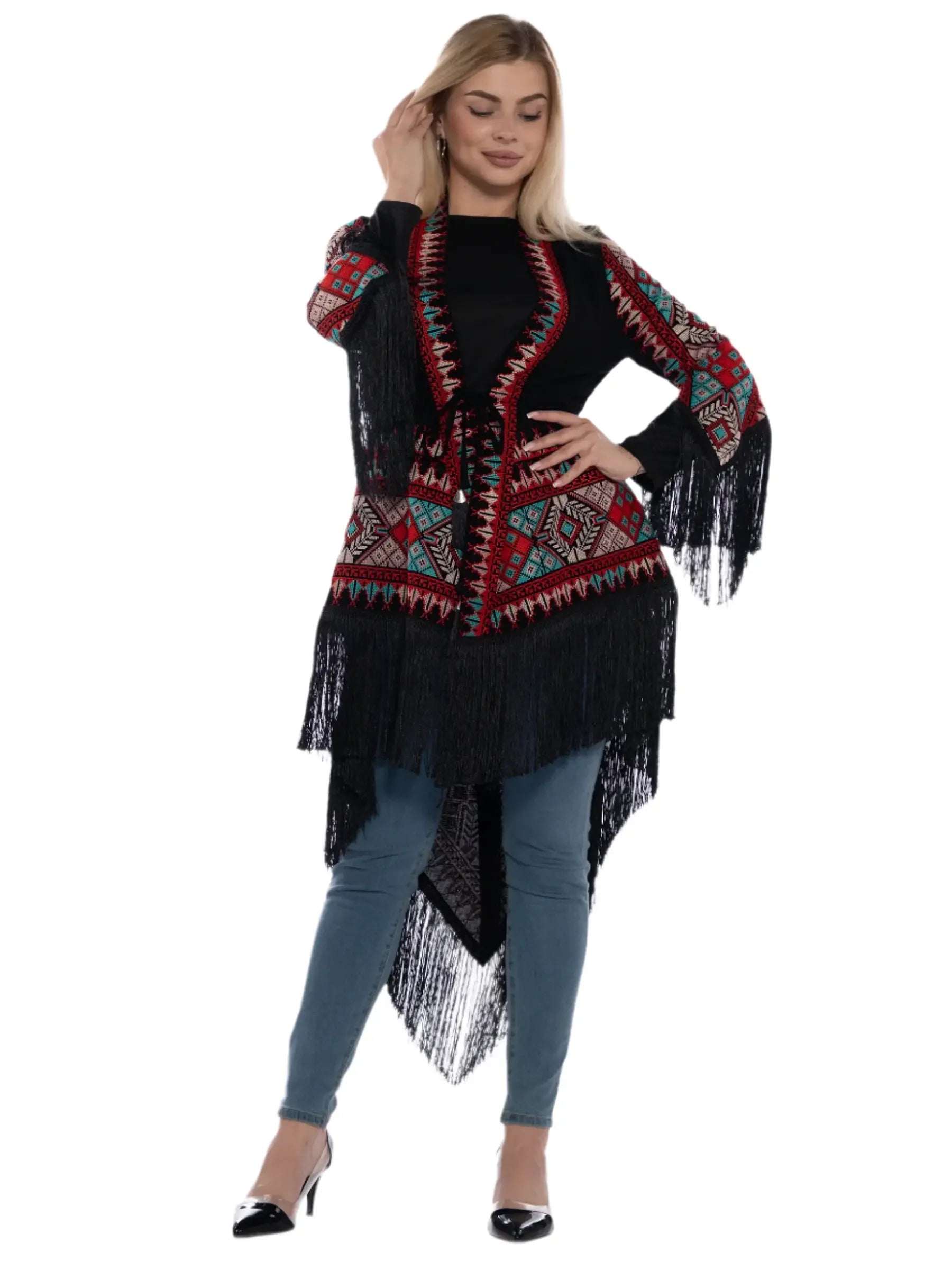 Palestinian embroidered kimono by Palestinian Elegance on woman wearing black top and blue jeans