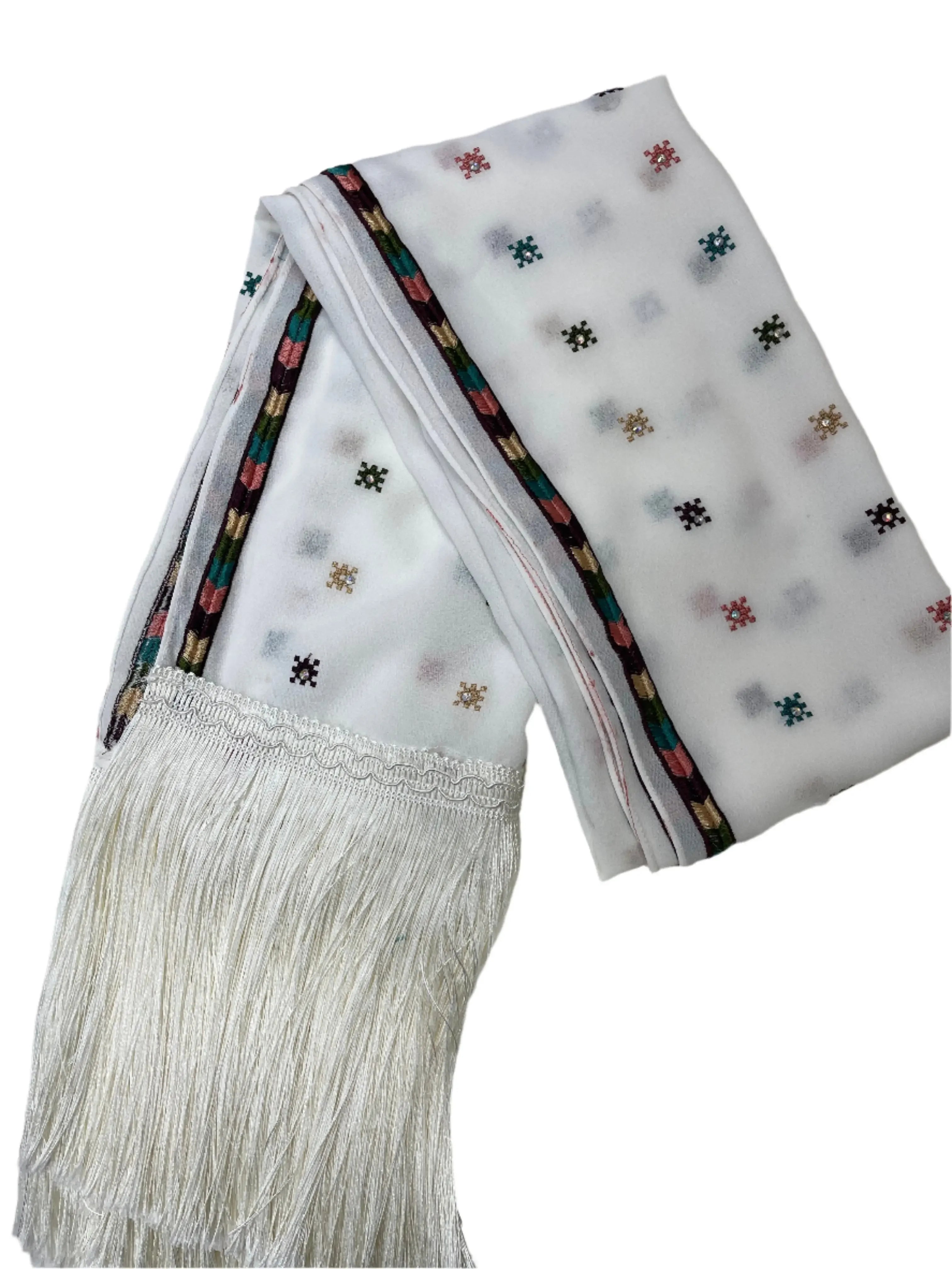 Palestinian embroidered shawl with colorful cross stitch patterns, striped border, and white fringe tassels