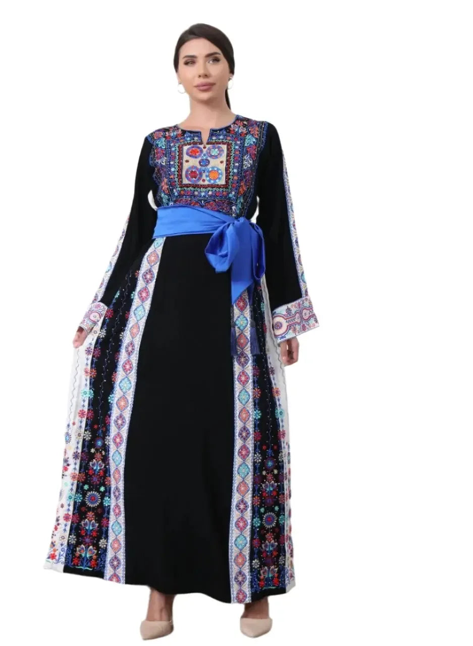 Palestinian embroidered thobe black dress with colorful traditional embroidery and blue waist sash