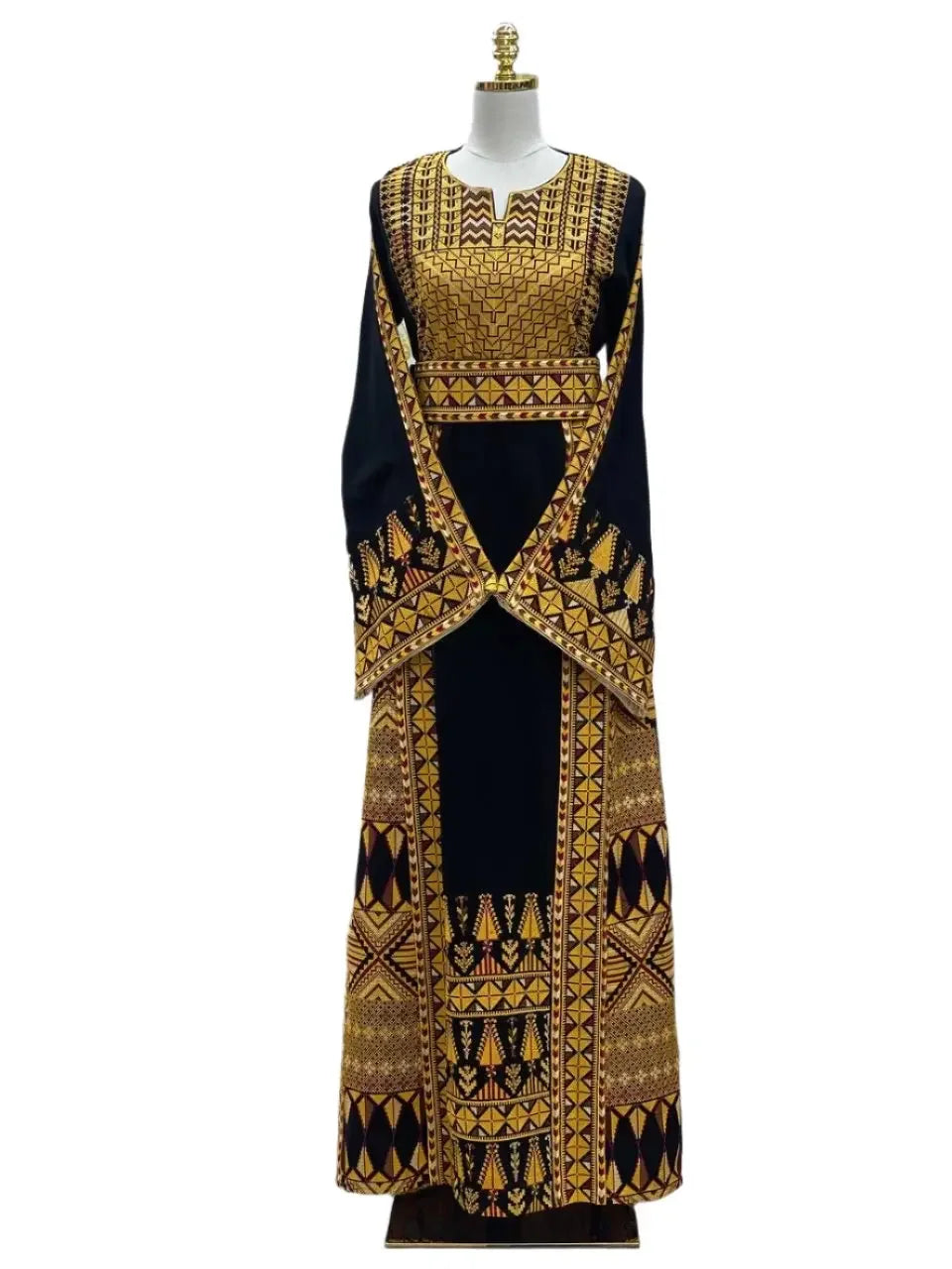 Palestinian embroidered thobe dress in black with intricate gold embroidery by Palestinian Elegance