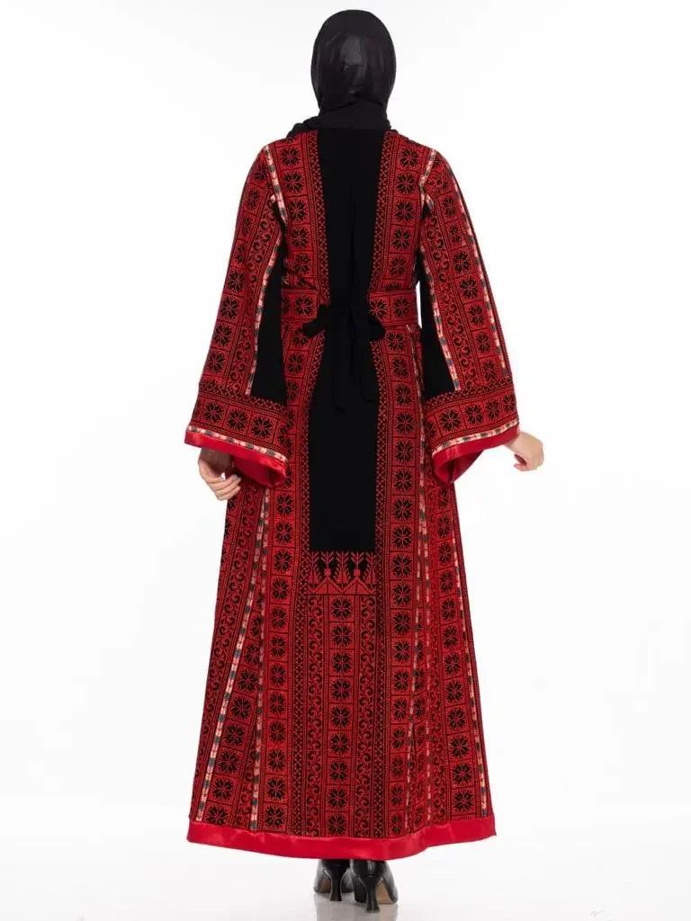 Back view of Palestinian embroidered thobe dress with red and black traditional embroidery by Palestinian Elegance