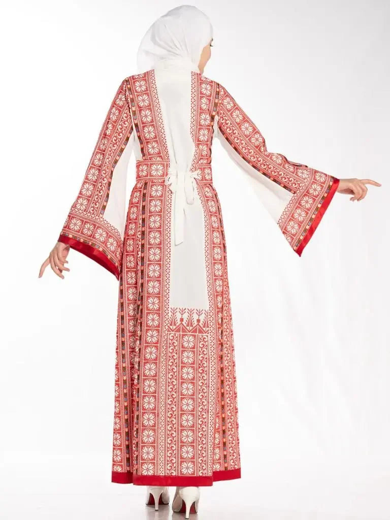 Back view of Palestinian embroidered thobe dress with red and white traditional embroidery and wide sleeves