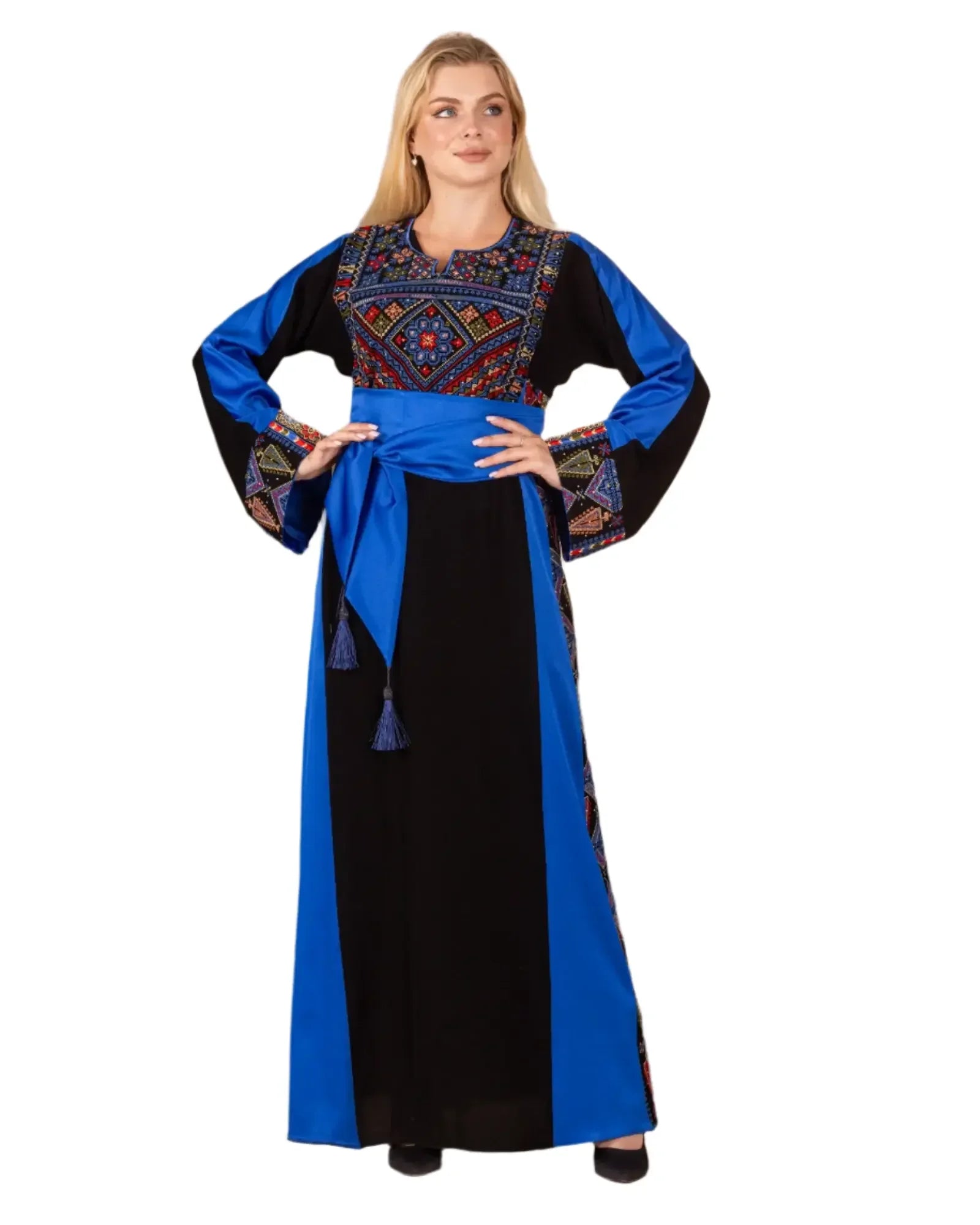 Palestinian embroidered thoub with blue and black fabric and intricate colorful embroidery on chest and sleeves