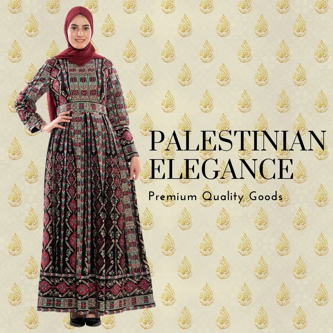Palestinian Elegance woman wearing a traditional Palestinian embroidered thoub dress with intricate patterns