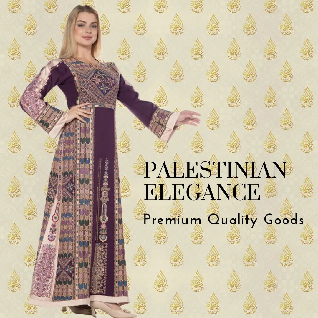 Palestinian embroidered thoub dress by Palestinian Elegance featuring intricate traditional embroidery on a long purple gown