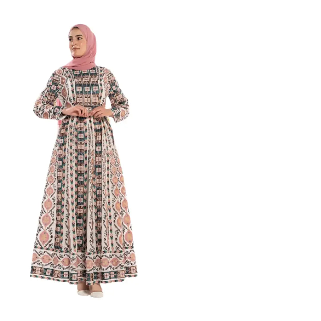 Palestinian Elegance woman wearing a traditional Palestinian embroidered thoub in pink and black patterns