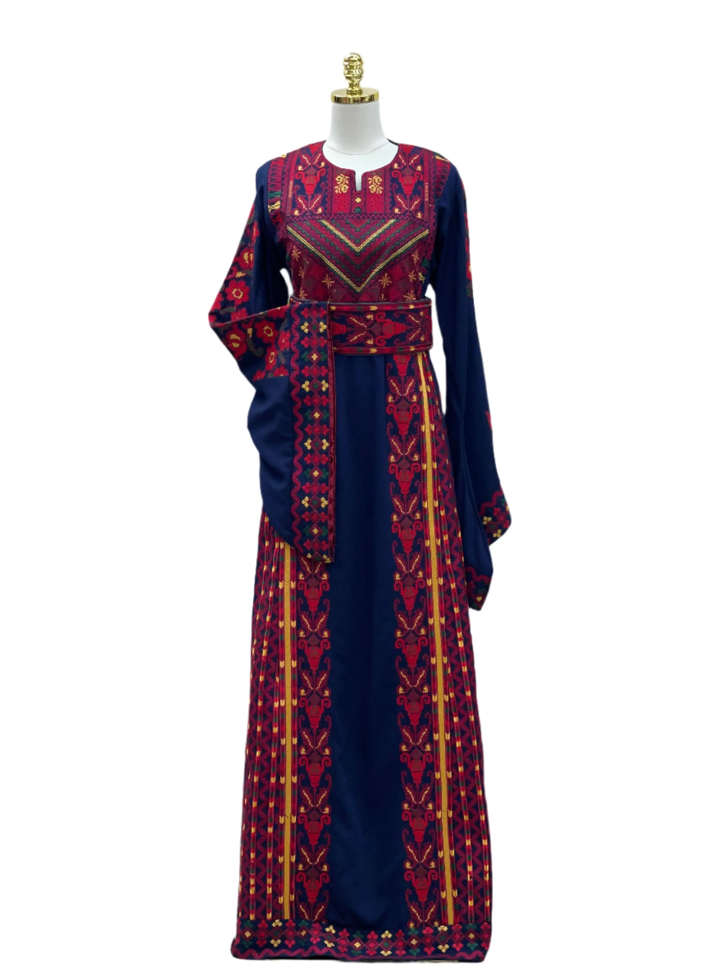 Palestinian embroidered thoub in navy blue with red and yellow traditional embroidery by Palestinian Elegance