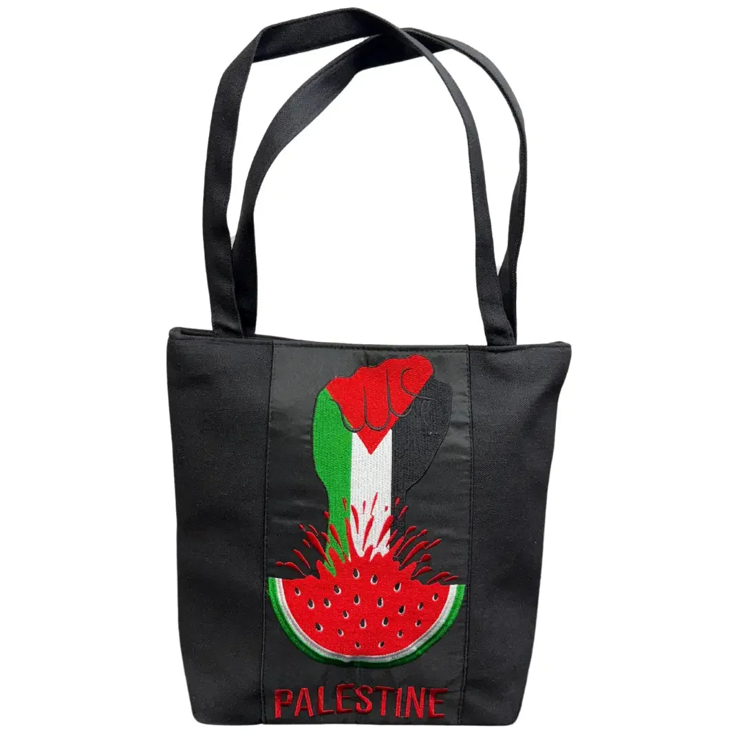 All-Black Tote Bag - Fist & Watermelon Design | 30 cm Length Palestinian Elegance
