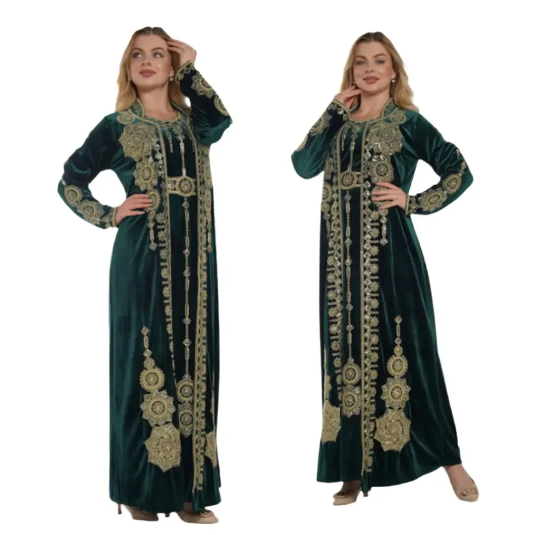 Palestinian Elegance embroidered two piece kaftan in dark green with intricate gold embroidery
