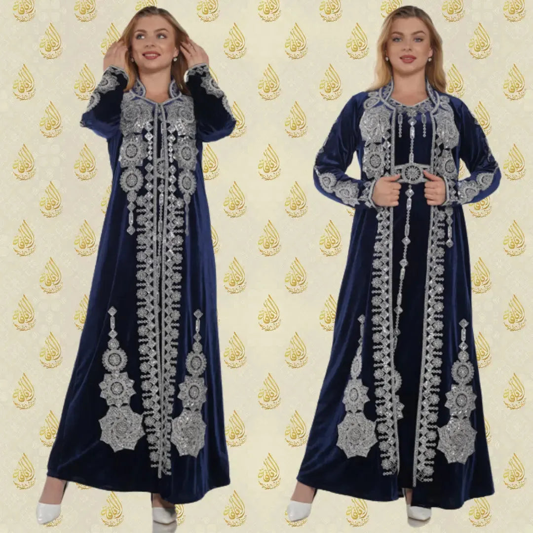 Palestinian Elegance embroidered two piece kaftan in navy blue with intricate silver detailing