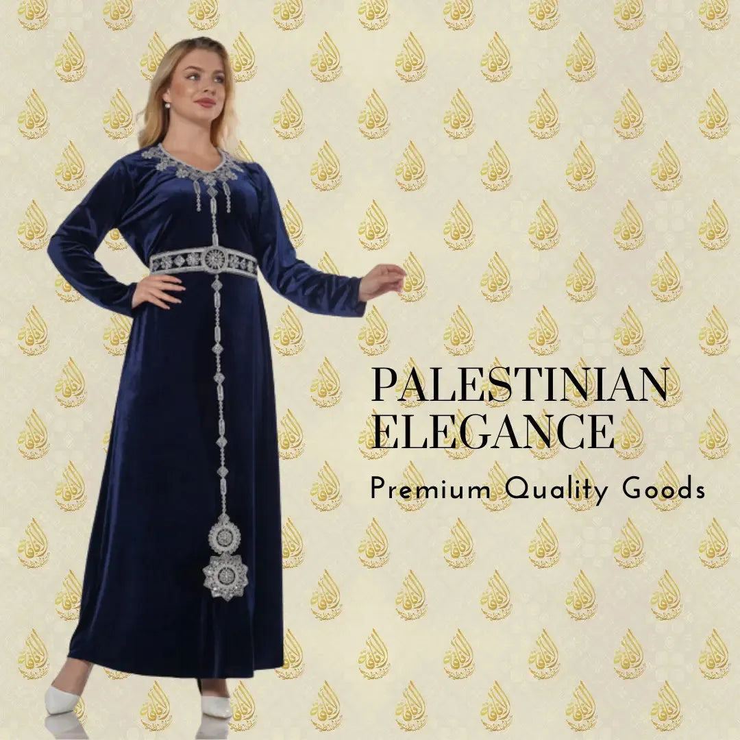 Palestinian Elegance embroidered two piece kaftan in navy blue with silver detailing on model