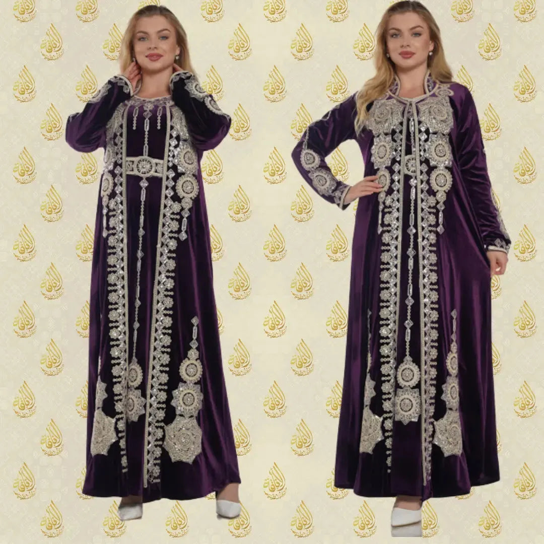 Embroidered two piece kaftan in deep purple velvet with intricate silver designs by Palestinian Elegance
