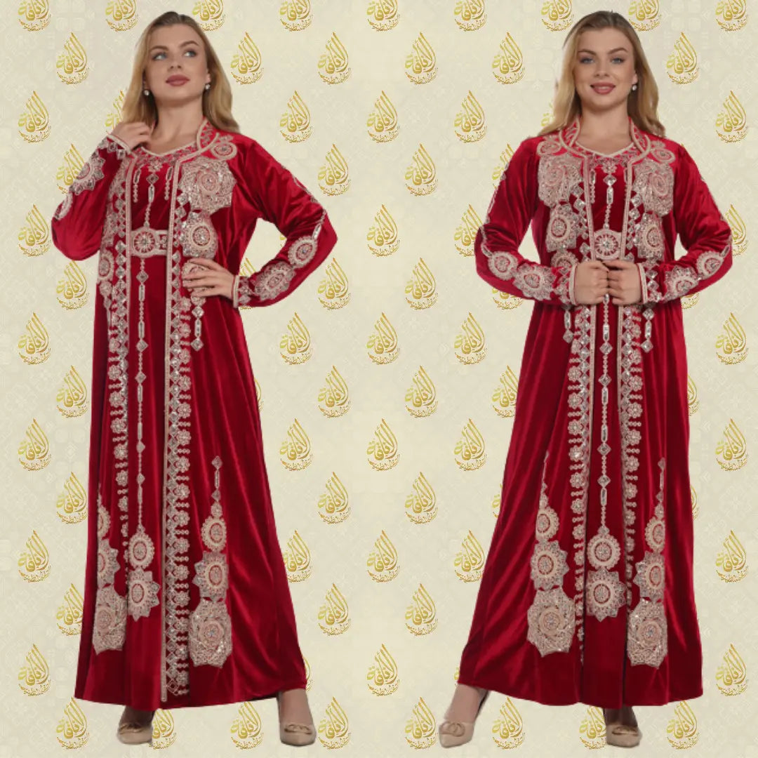 Palestinian Elegance embroidered two piece kaftan in red with intricate beige embroidery detailing