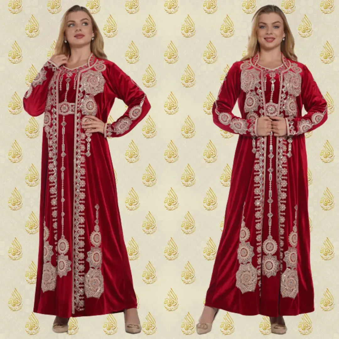Palestinian Elegance embroidered two piece kaftan in deep red velvet with intricate white embroidery detailing