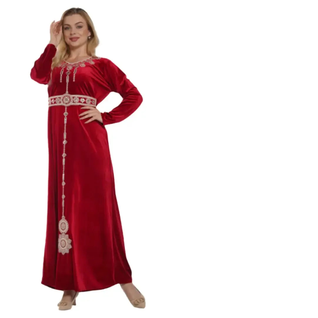 Palestinian Elegance embroidered two piece kaftan in red velvet with intricate embroidery and long sleeves