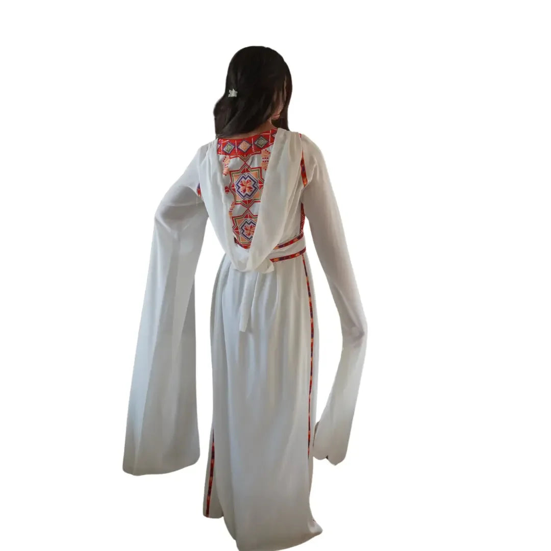 White Palestinian embroidery dress with traditional red and orange embroidered patterns on back and sides