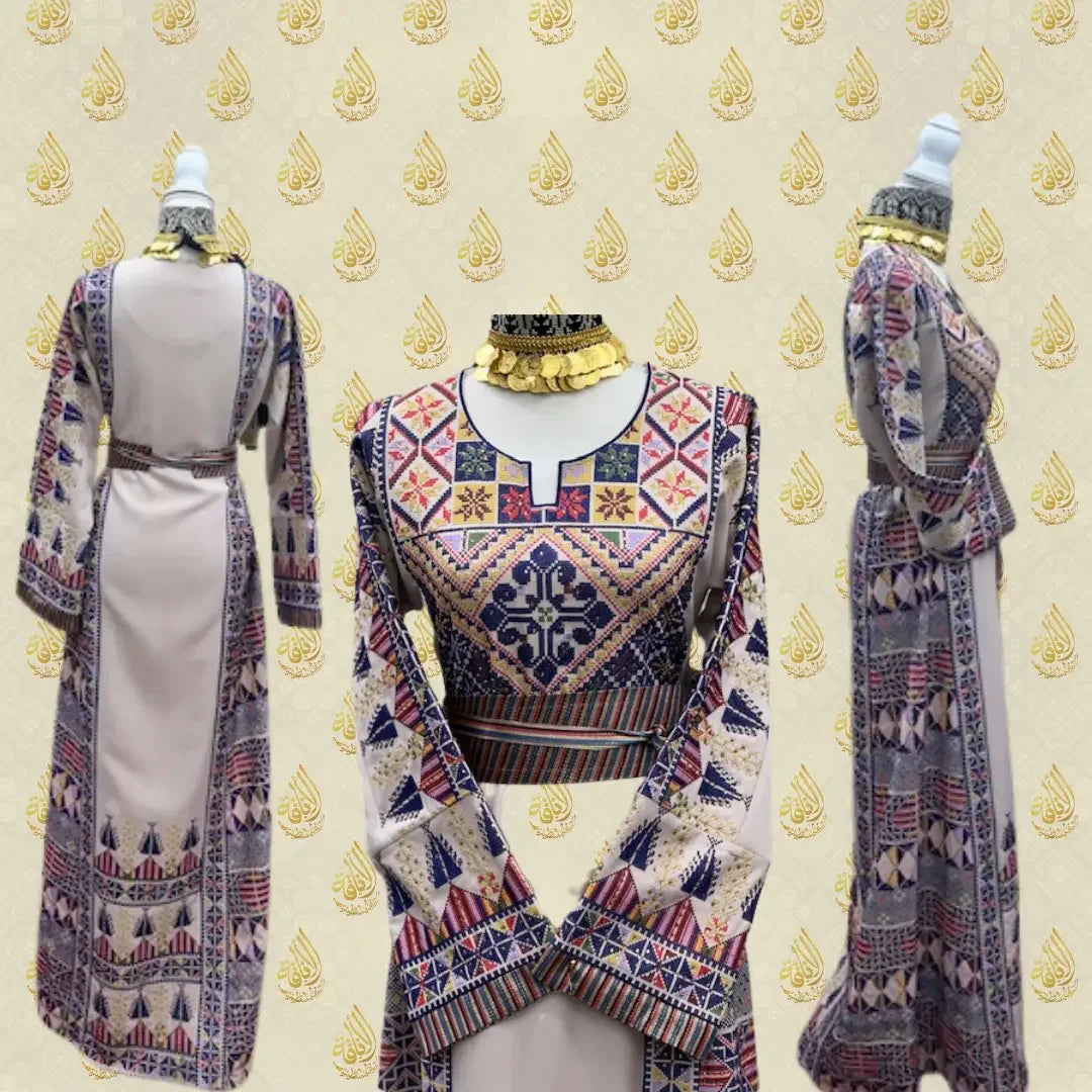 Palestinian embroidery dress with intricate multicolor geometric patterns displayed from front back and side views