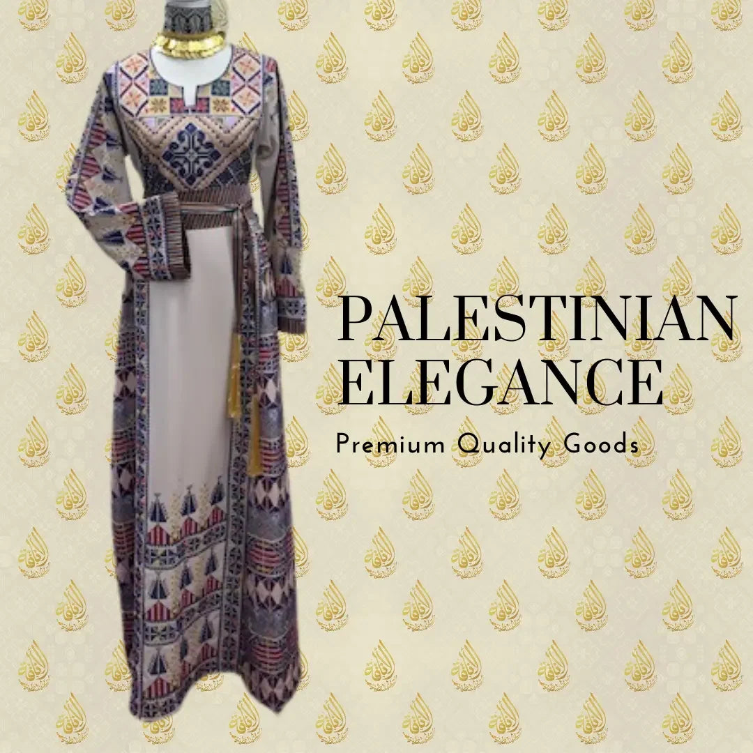 Palestinian embroidery dress with intricate traditional patterns displayed on a mannequin by Palestinian Elegance