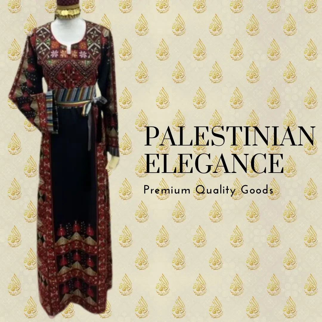 Palestinian embroidery dress with traditional red and black detailed stitching by Palestinian Elegance