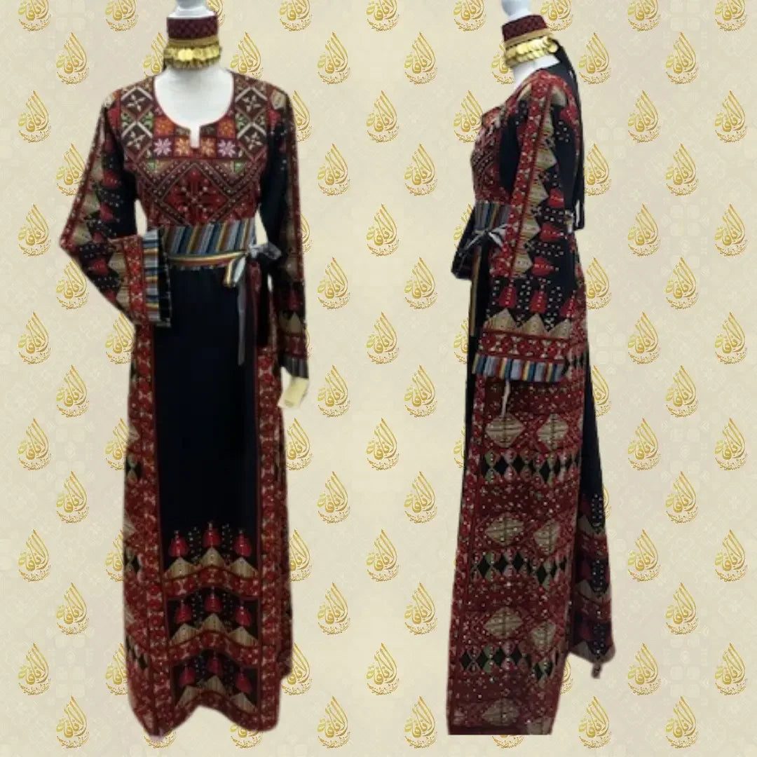 Palestinian embroidery dress by Palestinian Elegance featuring traditional red and black designs with colorful waist sash