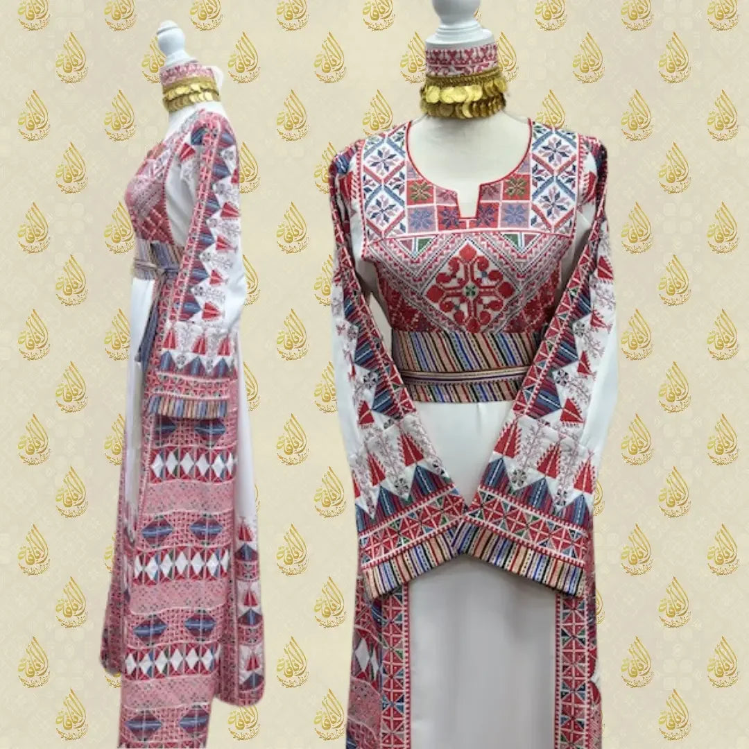 Palestinian embroidery dress with intricate red and white geometric patterns displayed on mannequins