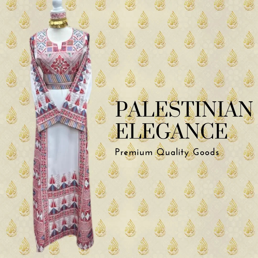 Palestinian embroidery dress with red and white geometric patterns displayed on a mannequin