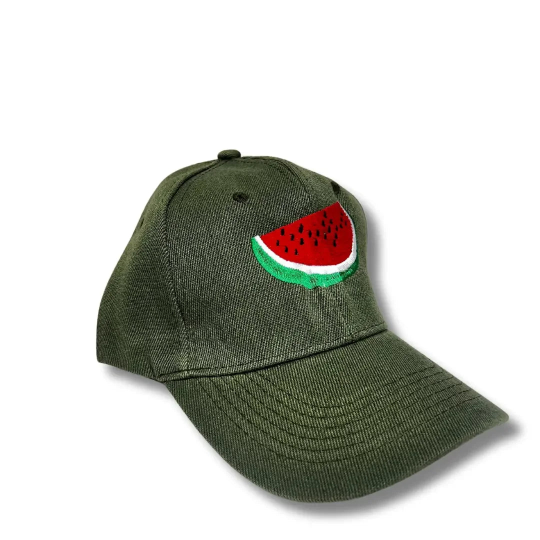 Olive green Palestinian embroidery hat with a colorful watermelon slice embroidered on the front