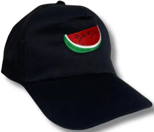 Black Palestinian embroidery hat featuring a colorful watermelon slice embroidery on front