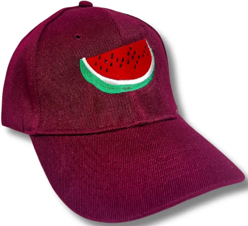 Maroon Palestinian embroidery hat with a vibrant watermelon slice embroidered on the front panel