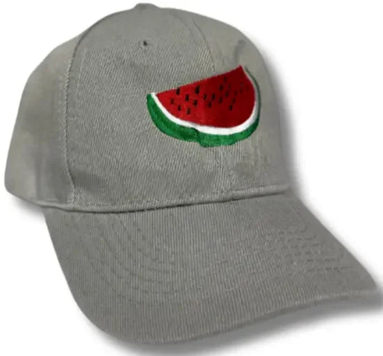 Gray Palestinian embroidery hat featuring an embroidered red watermelon slice on the front