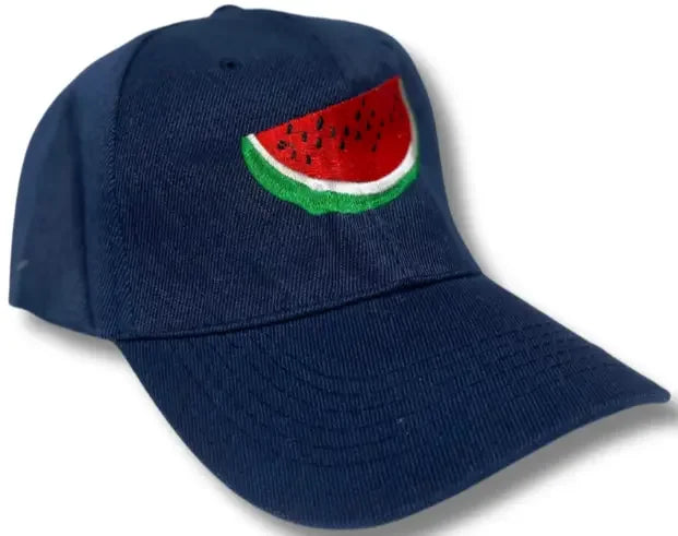 Navy blue Palestinian embroidery hat with watermelon slice design embroidered on front panel