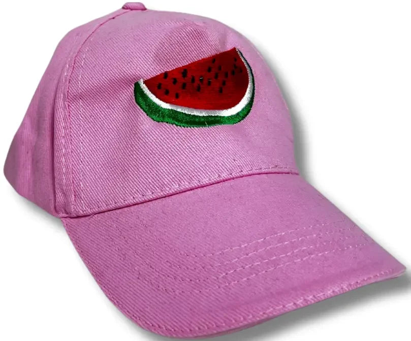 Pink Palestinian embroidery hat with watermelon slice design on front panel by Palestinian Elegance