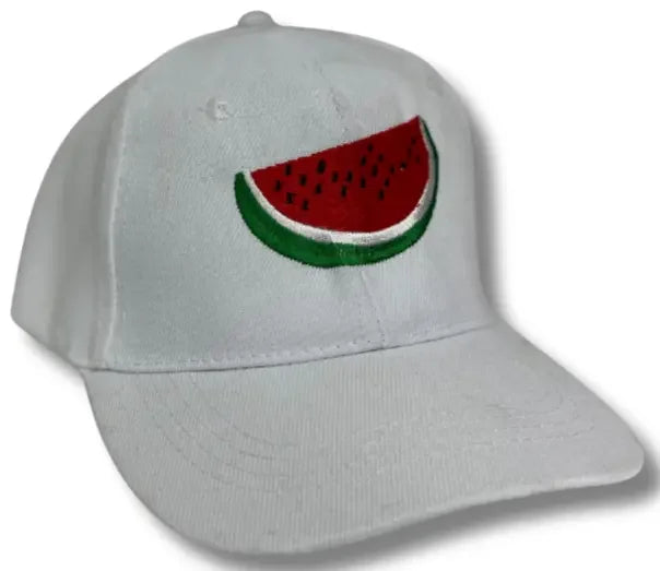 White cap with a vibrant watermelon slice embroidery Palestinian embroidery hat by Palestinian Elegance