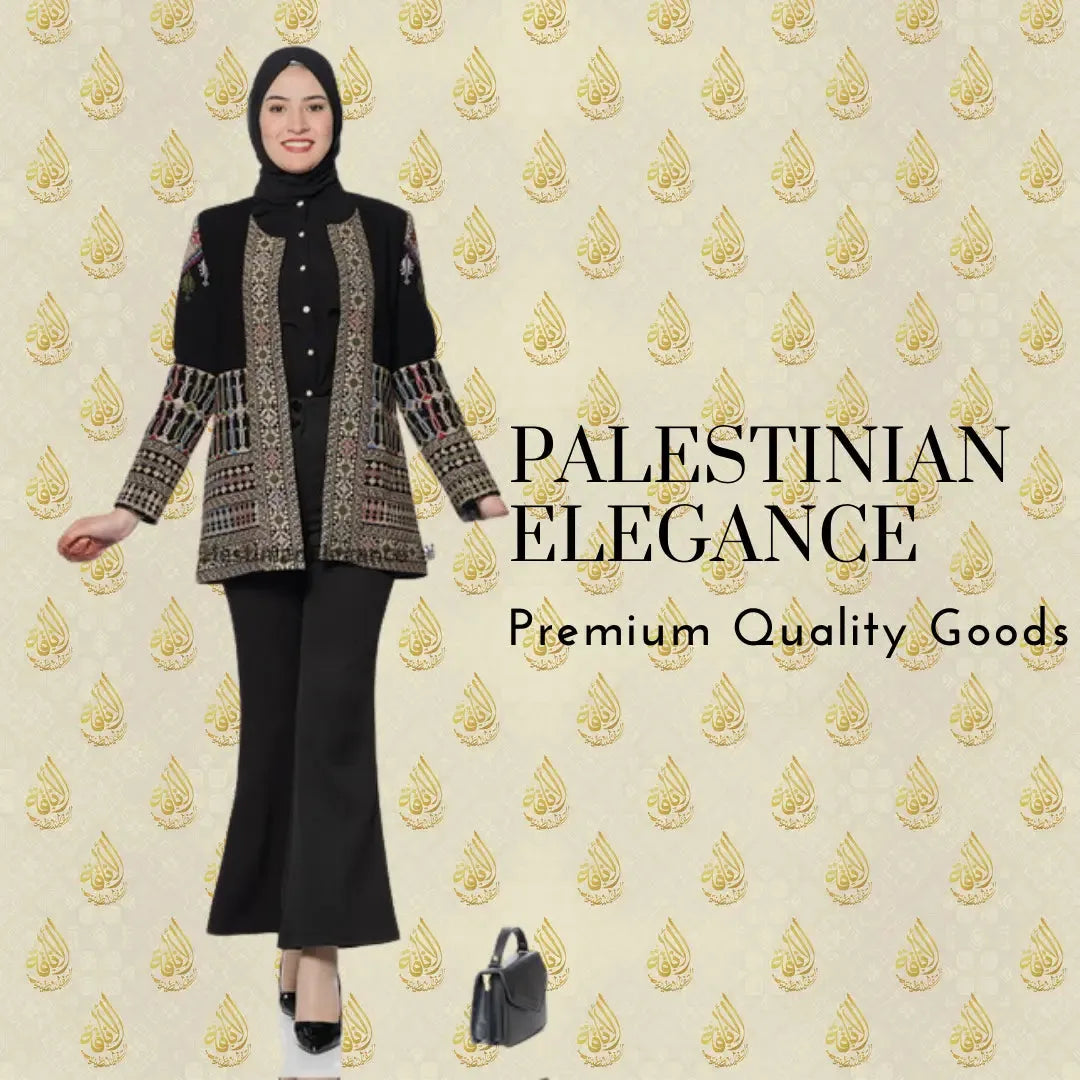 Woman wearing a Palestinian embroidery jacket by Palestinian Elegance styled with black pants and hijab