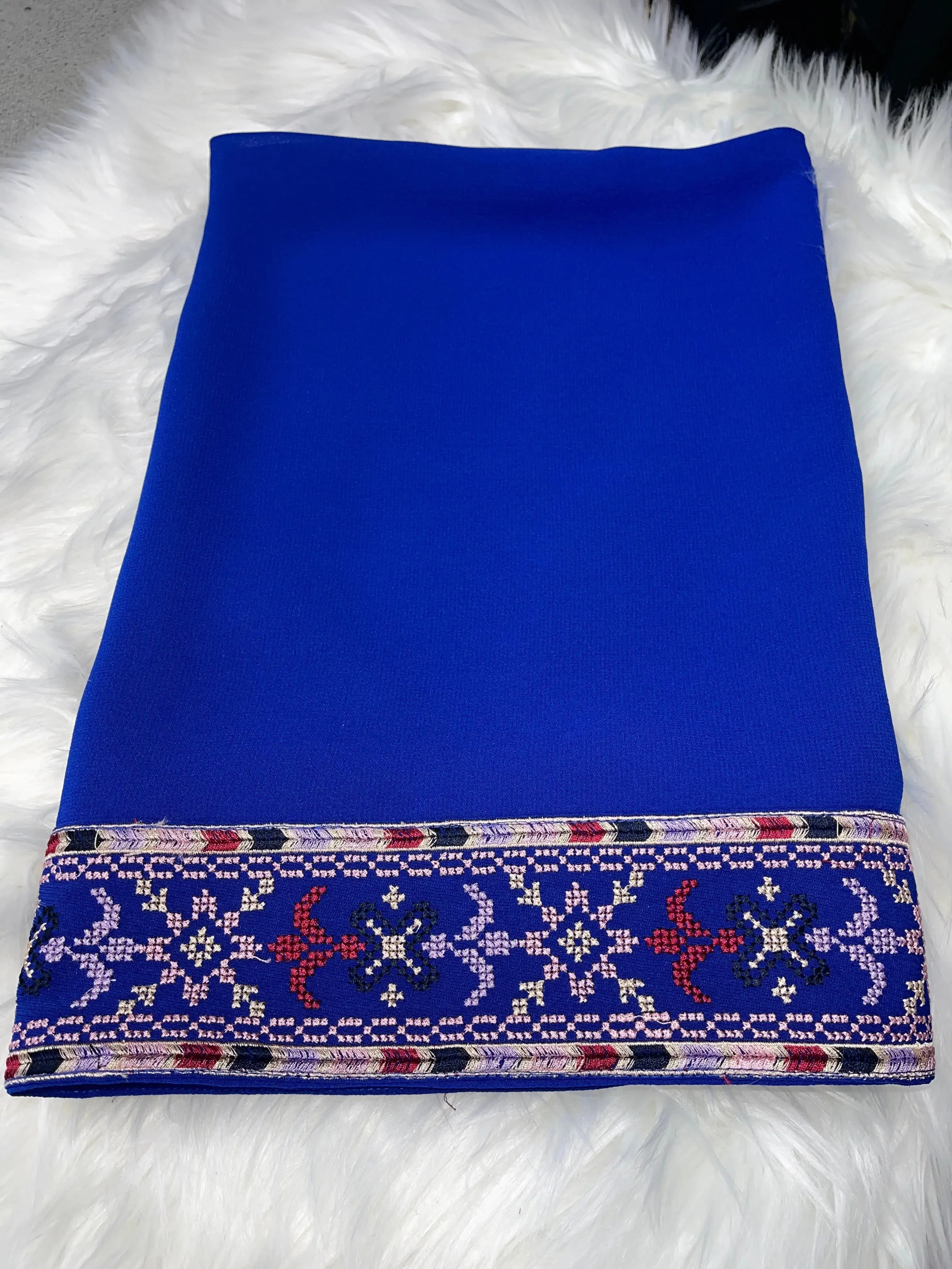 Blue shawl with intricate Palestinian embroidery khirka border by Palestinian Elegance
