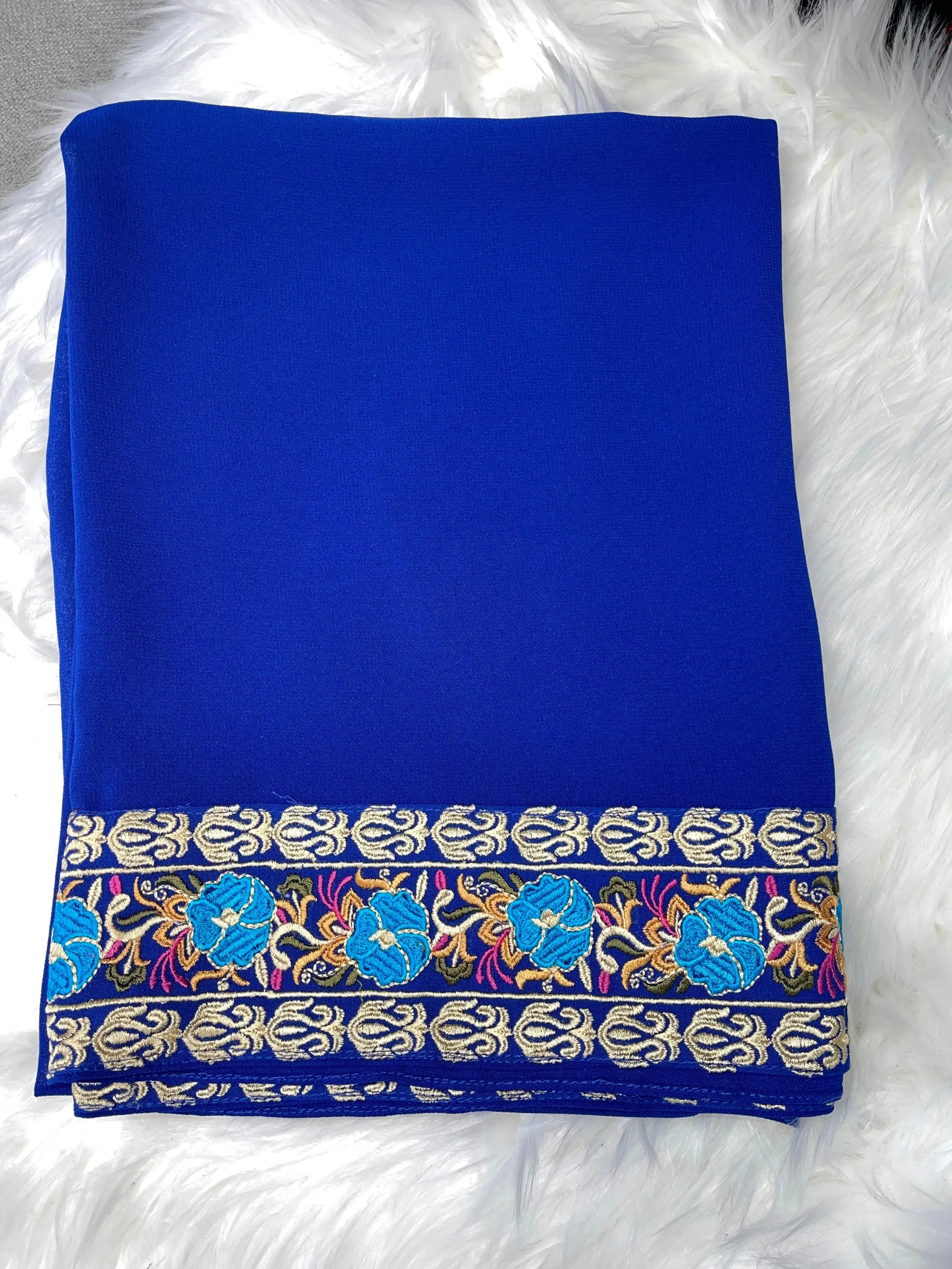 Palestinian Elegance blue shawl with colorful floral Palestinian embroidery khirka on edges