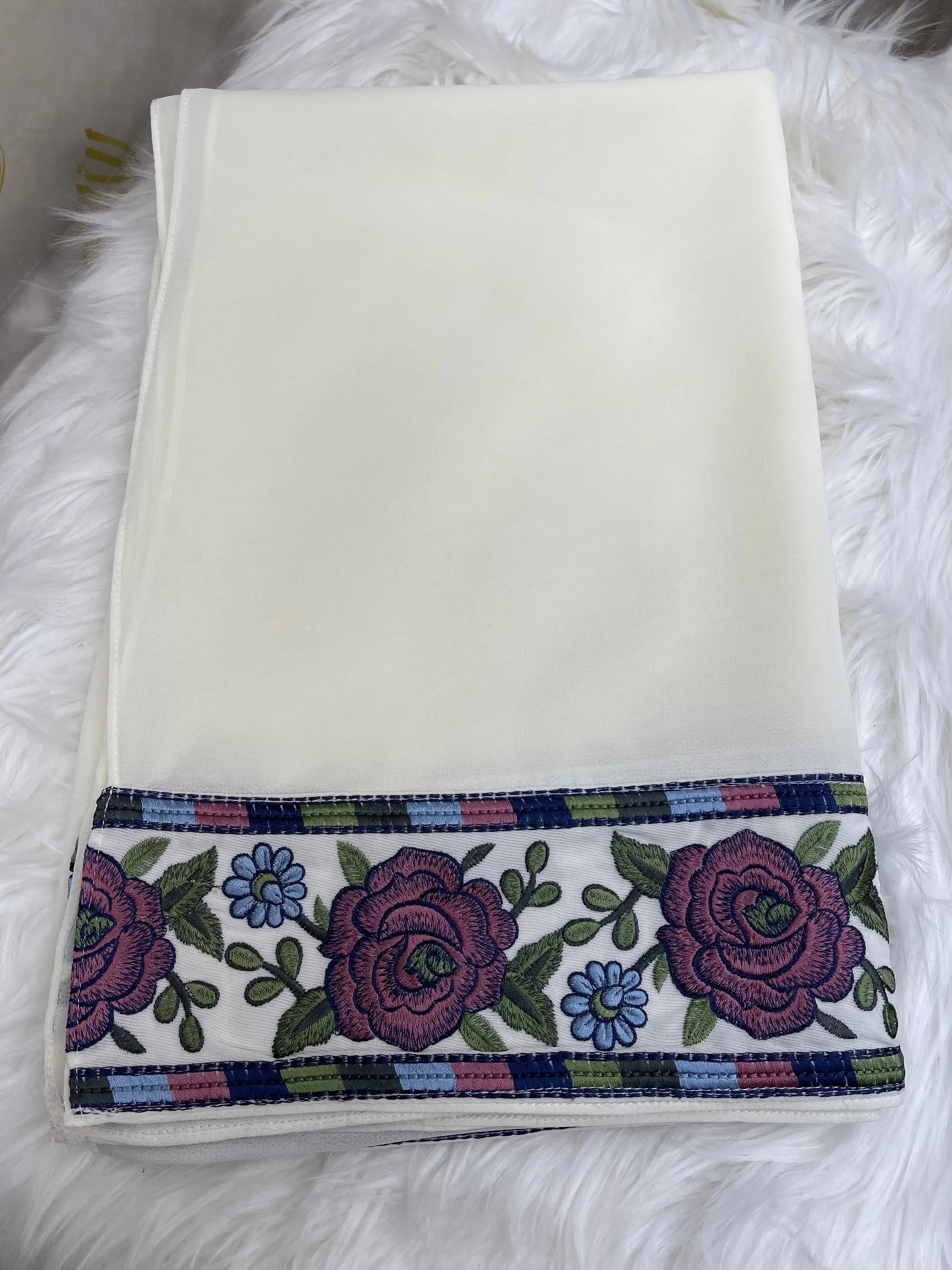 White shawl with Palestinian embroidery khirka floral design in purple and green by Palestinian Elegance