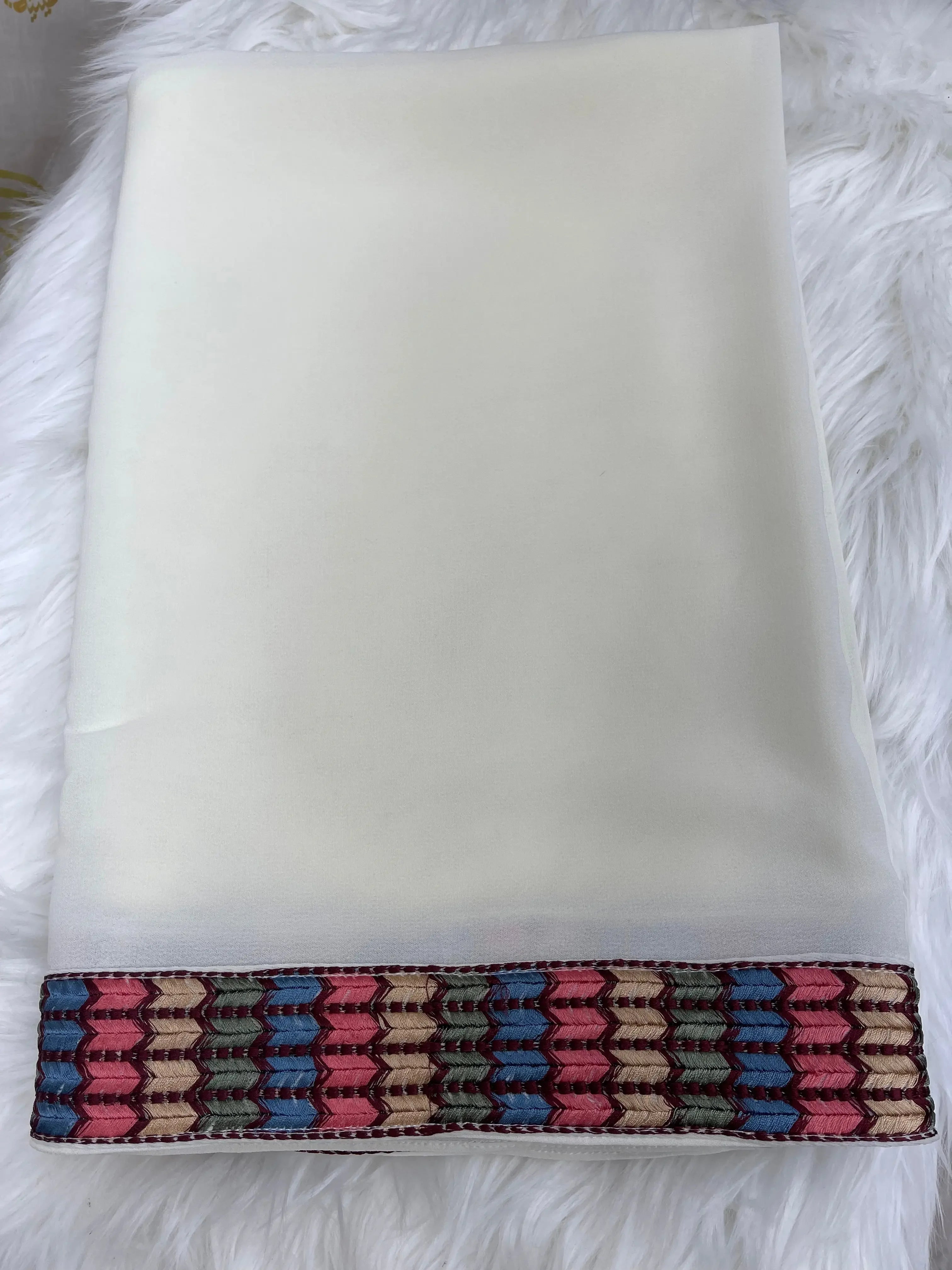 White shawl with detailed colorful Palestinian embroidery khirka border by Palestinian Elegance