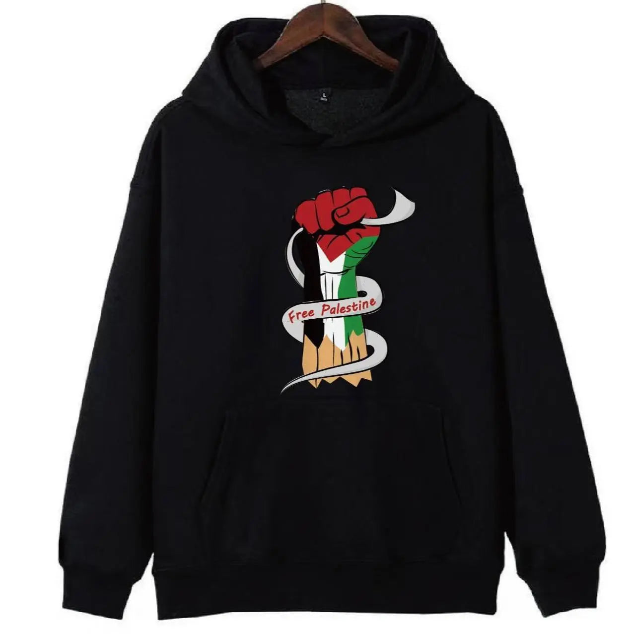 Black hoodie featuring Palestinian Fist Design Sweatshirt with Free Palestine graphic and flag colors